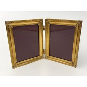 Vintage Gold Double Picture Frame Ornate Hinged Foldable 3.5 x 4.25 Standing